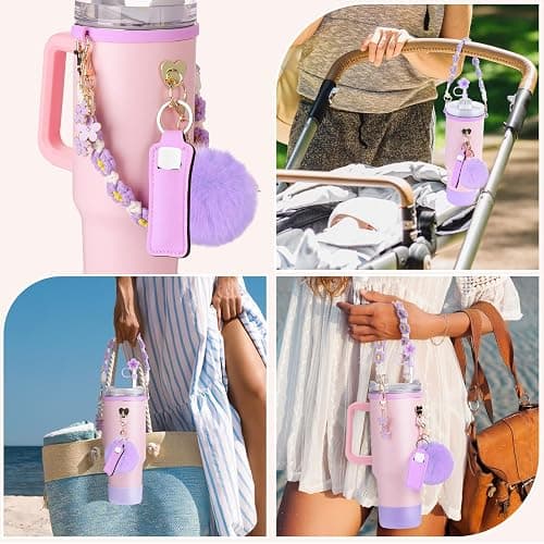 Mity rain Cup Accessories for Stanley Cup 30oz 40oz Tumbler with Handle, Including Water Bottle Handle Strap, Chapstick Holder, Boot, Keychain Charms, Straw Topper Cover Cap for Stanley (Purple) thumbnail 5