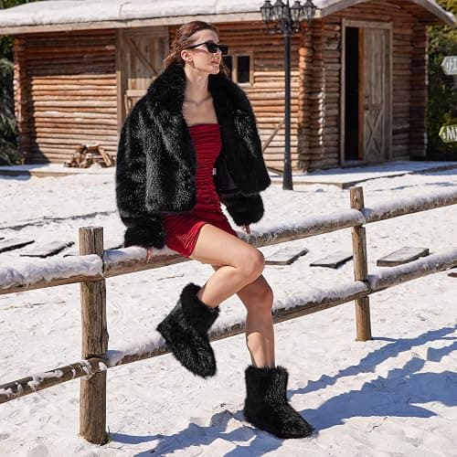 QLR Faux Fur Boots for Women Furry Fuzzy Fluffy Boots Round Toe Mid-Calf Winter Snow Boots Comfortable Outdoor Flat Shoes thumbnail 3