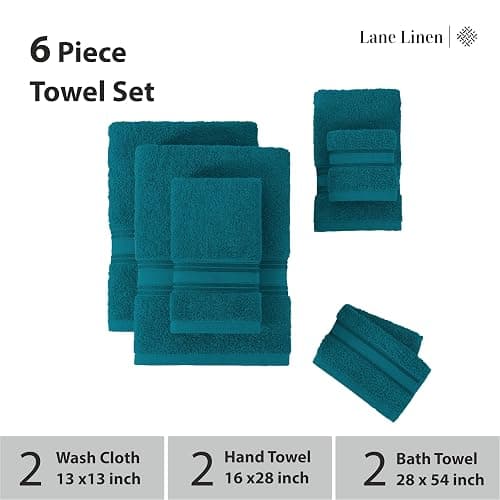 LANE LINEN Luxury 6-Piece Bath Towel Set - 100% Cotton, Quick-Dry, Super Absorbent, Zero Twist - Includes 2 Bath Towels, 2 Hand Towels, 2 Washcloths - Sea Port thumbnail 4