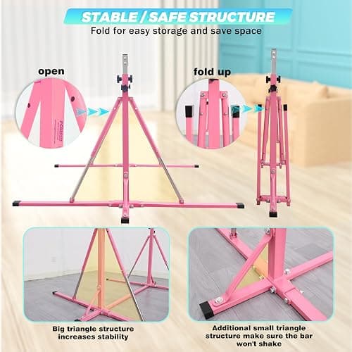 FC FUNCHEER Foldable Gymnastics Bar,5FT Horizontal bar,Adjustable Kids Training bar for Kids Ages 3-15,Kids Gymnastics bar,Triangle Stable Structure-Gym Equipment for Home thumbnail 4