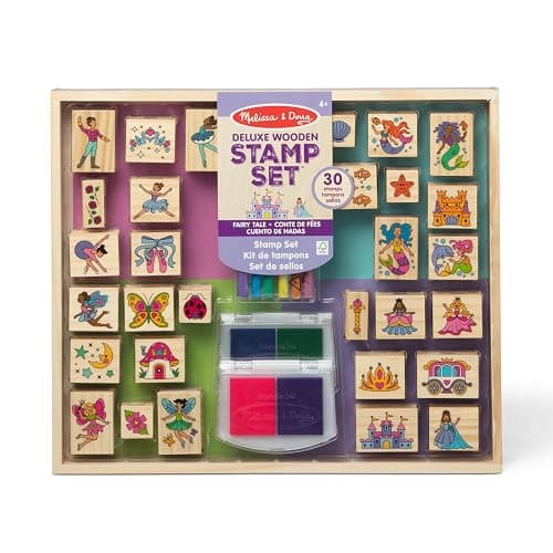 Melissa & Doug Deluxe Wooden Stamp and Coloring Set – Fairy Tale (30 Stamps, 6 Markers, 2 Durable 2-Color Stamp Pads) Fairy Tale-Themed Wooden Stamps for Kids and Coloring Activity Set - Image 1