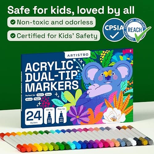 ARTISTRO 24 Acrylic Paint Markers for Rock, Fabric, Wood, Glass, Craft, Decoration - Dual-Tip Paint Pens - Stocking Stuffers, Christmas Gift Idea for Teens, Grandkids, Kids - Art Supplies thumbnail 7