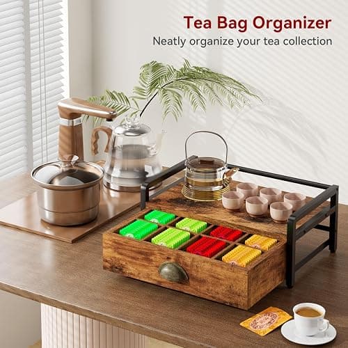 IBUYKE Tea Bag Organizer,Tea Box with Drawer,Brown TCJ004H | Wood Tea Bag Holder for Countertop 2 Tier Tea Station Organizer with Metal Frame for Kitchen Cabinet Coffee Station Office thumbnail 4