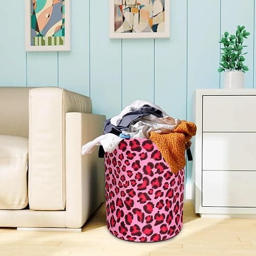 Pink Leopard Skin Laundry Basket Foldable Oxford Cloth Hamper 18.9x16.5 In | With Handle Large-Capacity Portable Clothes Storage Basket For Bathrooms, Laundry Rooms, Bedrooms，Living Rooms thumbnail 2