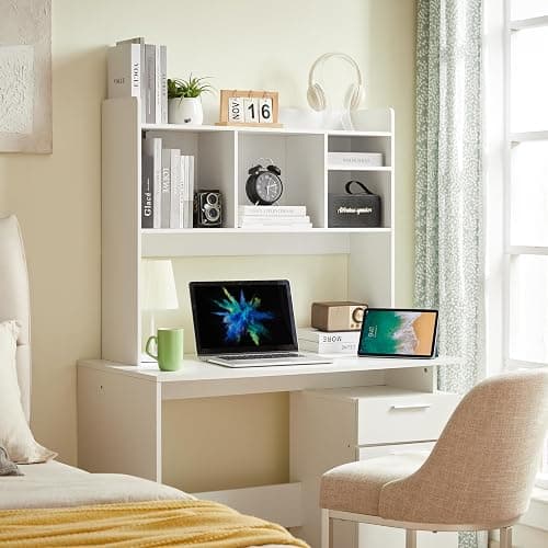 Nromant Desktop Bookshelf, Wooden Desk Storage Hutch with 6 Shelves for Computer Desk, 3-Tier Desktop Display Organizer Rack for Office Home (White) - White thumbnail 4