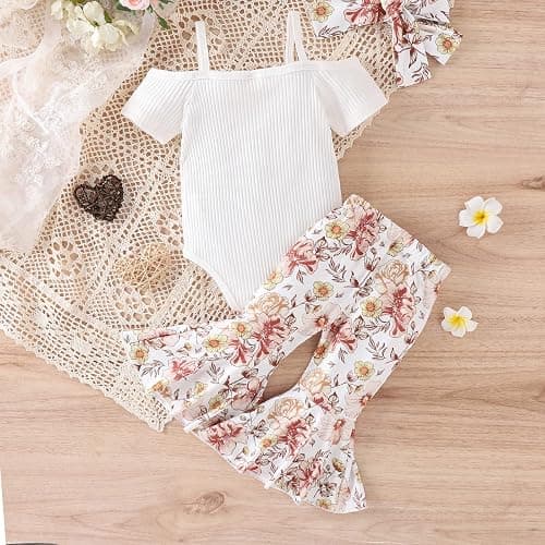 Fernvia Infant Baby Girl Clothes Suspenders Short Sleeve Ribbed Romper Flared Pants Set Headband 3pcs Summer Outfit thumbnail 7