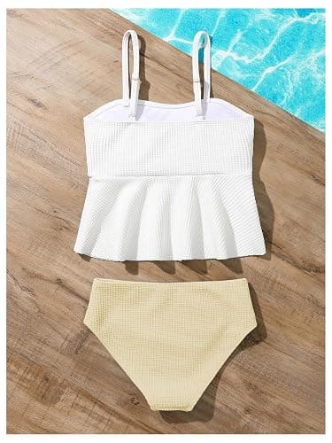 SHENHE Girl's 2 Piece High Waisted Ruffle Waffle Swimsuit Bathing Suit Bikini Sets thumbnail 3
