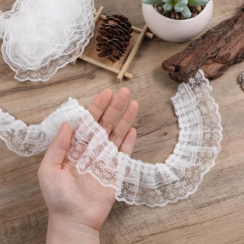 White Lace Ribbon, 2-Layer Pleated Edge White Lace Ruffle Trim for Crafts Sewing DIY, 1.8" x 5.5yd - Image 1