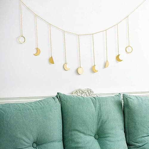 Mkono Moon Phase Wall Hanging Boho Aesthetic Room Decor Metal Moons Garland Hanging Art Bohemian Home Decoration for Girls Room Nursery Bedroom Livingroom Dorm, Ideal, Gold, 50" - Gold - Medium thumbnail 7