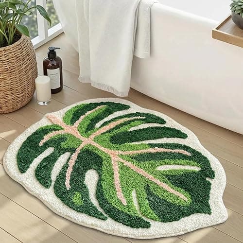 Sisher Cute Monstera Bath Mat,Green Leaf Bath Mat,Non Slip,Soft,Absorbent,Machine Washable for Bathroom Bathtub Rugs,Toilet,Kids Room,Bedroom,Monstera Leaf Rug(21"X26") - Image 1