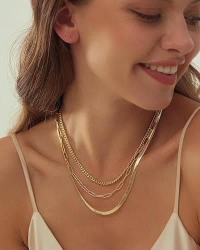 Gold Layered Necklaces for Women, 14K Gold Plated Dainty Gold Chain Choker Necklace Stack, Herringbone Gold Necklaces Set thumbnail 2