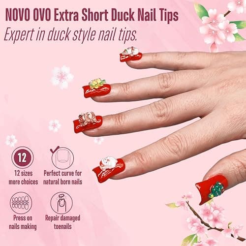 NOVO OVO Duck Feet Nail Tips for Small and Medium Hand, Extra Short Full Cover Press On Acrylic, Clear Full Coverage Thick Flare French Soft Gel Fake False Nail Extension x 12 Sizes 120 pcs thumbnail 2