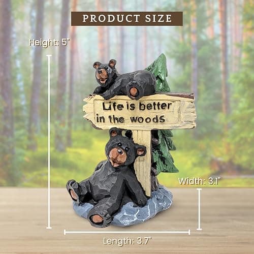 Black Bears with “Life Is Better in the Woods” Sign Figurine – Resin Woodland Wildlife Sculpture with Pine Tree and Rock Base, Rustic Cabin & Lodge Tabletop Decor, Nature-Inspired Gift for Bear Lovers thumbnail 3