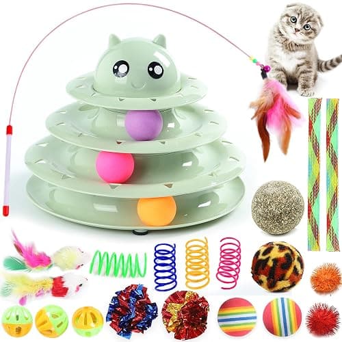 Suhaco 21 Pack Cat Toys for Indoor Cats Interactive Kitten Toy Fun Roller 3 Level Cats Ball Toys with Catnip Ball Self Play Cat Feather Wand Kitty Toy for Boredom (Green) - Image 1