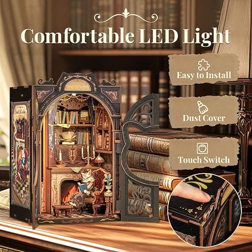 CUTEBEE DIY Book Nook Kit, Miniature House Kits for Adult and Teens, DIY Miniature Book Nook kit with Sensor Led Light, Gifts for Lovers and Family (Count Cat's Study) thumbnail 5