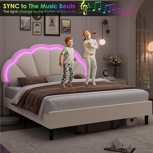 HIFIT Queen Upholstered Smart LED Bed Frame with Adjustable Chic Petal Headboard, Soft Princess Queen Size Platform Bed Frame for Girls, Wooden Slat Support, No Box Spring Needed, Easy Assembly, Beige thumbnail 3