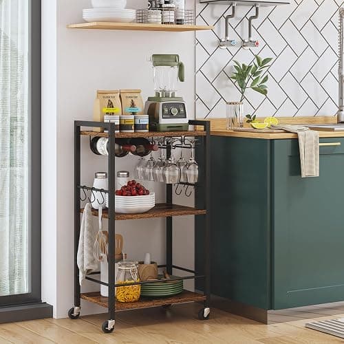 TUTOTAK Bar Cart with Wheels, Mini Drink Cart with Wine Rack & Glass Holder | 3-Tier 17 Inch Wide Home Bar Serving Carts, Small Mobile Kitchen Shelf with 6 Hooks, Rustic Brown BC01BB035 thumbnail 5