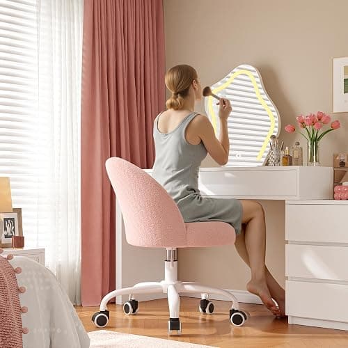 DurayLoly Vanity Chair with Back, Cute Desk Chair with Wheels, Armless Office Chair Height Adjustable, Soft Lumbar Support for Small Space, Bedroom, Gentle Pink thumbnail 3