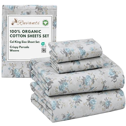 RUVANTI 100% Organic Cotton Sheets California King, Percale Weave, GOTS Certified, 4-Piece Set, Deep Pocket 13", Crisp & Breathable, Soft Durable Bedding, Sábanas Algodón Orgánico – Blue Rose - Image 1