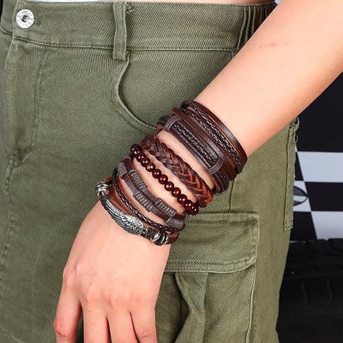 Manfnee 6-12PCS Braided Faux Leather Bracelet Punk Cuff Wrap Bracelets for Men Women Adjustable thumbnail 6