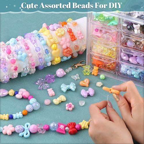 400-450PCS TINKRSTUFF Assorted Acrylic Beads, 6 Colors Series Cute Beads for Bracelet Making, Bow Flower GummyBear Kawaii Charms, Aesthetic Bead for Necklace Keychain Jewelry Making DIY Phone Charm thumbnail 4