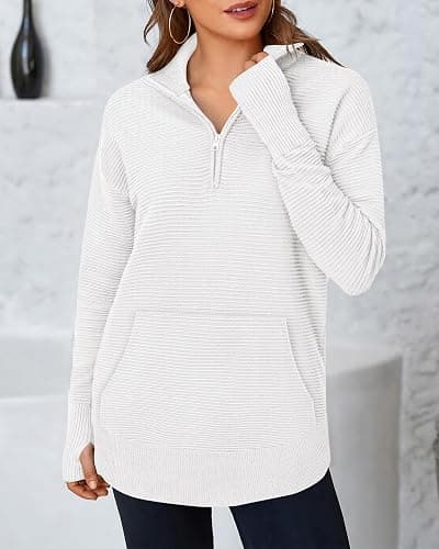 BTFBM Sweaters for Women Fall Clothes 2025 Pocket Quarter Zip Pullover V Neck Long Sleeve Knit Trendy Winter Sweater thumbnail 2