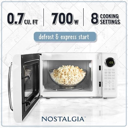 Nostalgia Retro Microwave Oven - 0.7 Cu Ft, 700-Watt Countertop Size with Glass Turntable, Child Safety Lock, 8 Auto-Cook Programs, Digital Clock - White thumbnail 4