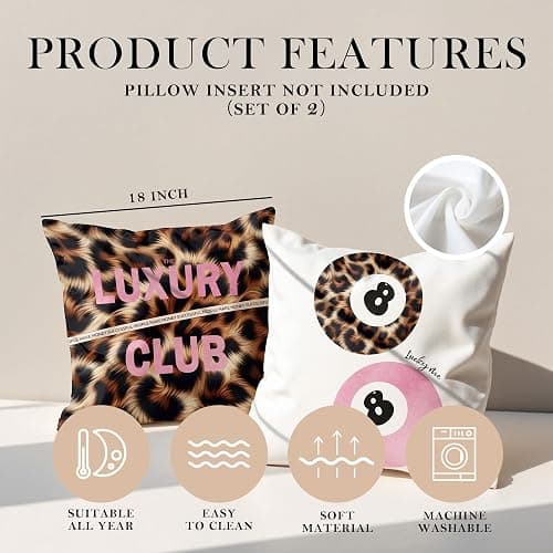 GTYNU Trendy Funky Cheetah Pink Y2K Luck 8 Ball Throw Pillow Covers 18x18 Set of 2,Cheetah Leopard Lover Gifts for Women,Coquette Preppy Pillow Covers for Girls Room Dorm Apartment Decor,（622） thumbnail 6