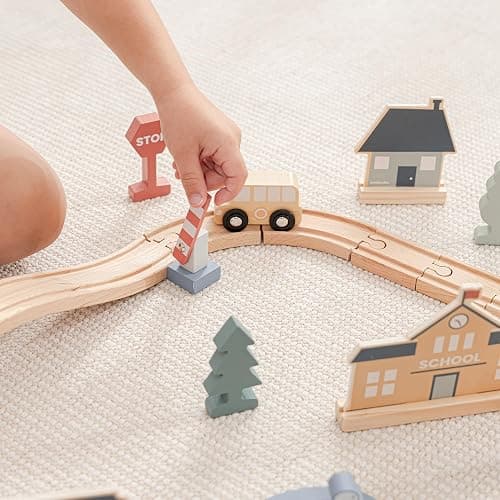 Comfy Cubs 100-Piece Wooden Train Set for Toddlers Ages 1+, Fun & Eco Friendly Toddler Train Set with Wooden Toy Tracks - Creative Toy Town Promoting Imaginative Play with Flexible Configuration thumbnail 7