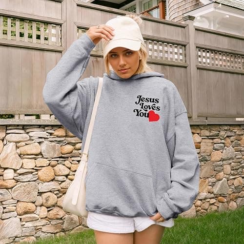 Pairxily Jesus Loves You Christian Hoodie for Women Faith Religious Fleece Sweatshirts God Sayings Long Sleeve Tops Pullover thumbnail 4