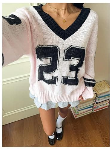 BEAUDRM Women's Y2K Sweater Oversized Sweaters Long Sleeve V Neck Pullover Jumper Knit Top thumbnail 6