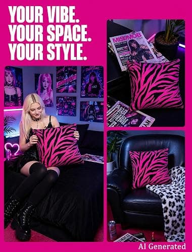 Pecfamly Y2K Pink and Black Zebra Print Throw Pillows (Covers Only No Pillow Inserts) Hot Pink Mcbling Trashy Y2K 2000S Baddie Scene Room Bedroom Decor for Teen Girls Women thumbnail 4