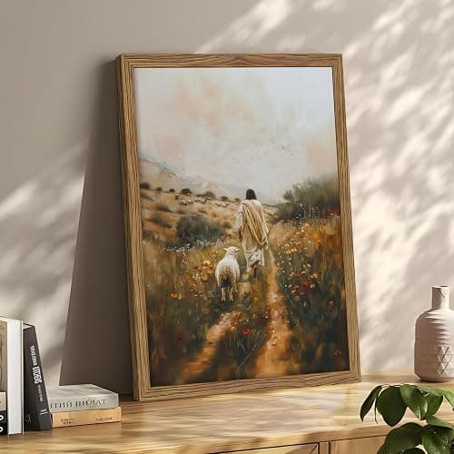 Framed Jesus Leaves The 99 Christian Wall Art, Sheep Canvas Print, Jesus and Lamb Painting, Bible Verse Religious Wall Decor, Christian Artwork for Living Room Church – 8x10 inch thumbnail 2