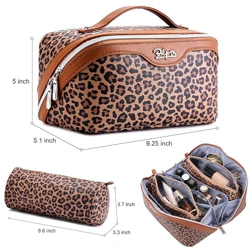 BOYATU Travel Makeup Bag for Women: 3 Pcs Set Portable Make up Bags with Handle - Leopard Print Cosmetic Bags with Comparments - Waterproof Vegan Leather Toiletry Bag (01-A-Brown) thumbnail 7