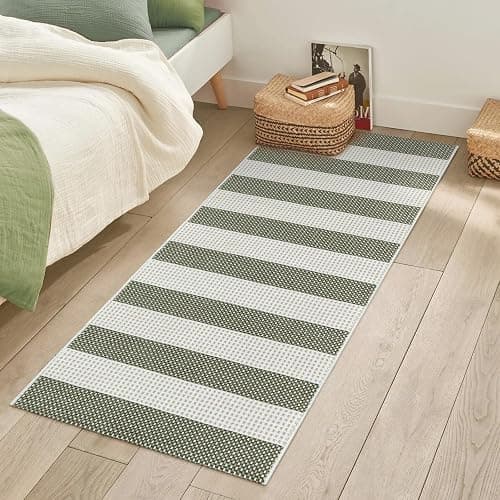 OJIA Green and White Striped Rug 24"x51" Washable Front Door Mat Hand Woven Entry Rug Cotton Indoor Outdoor Rug Small Checkered Rugs for Front Porch Kitchen Entryway Patio Bathroom - 2'x4.3' - Green/Beige thumbnail 8
