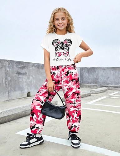 CRISONE Girls 2 Piece Outfits Kids Clothes Cute Cool Girl Crop Tops + Camouflage Pants Summer Clothing Sets - 7-8 Years - Pink & Red thumbnail 2