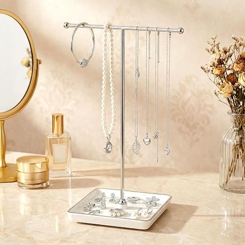 galasily Jewelry Holder Stand with Ceramic Base: 12" Tall Necklace Organizer Rack, Tree Design Display Storage for Necklaces, Bracelets, Rings, Earrings, Aesthetic Vintage Room Décor (Silver) thumbnail 5