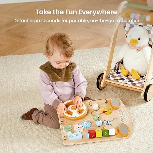 GROWNSY Wooden Baby Walker with Wheels, 3-in-1 Sit-to-Stand Push Walker | Adjustable Speed, Montessori Baby Walker with 7-in-1 Removable Activity Panel, First Birthday Gifts for Boys & Girls thumbnail 6