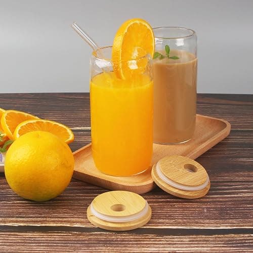 BUCOMTU 6 Pièces Verres à Boire avec Couvercles en Bambou et Paille en Verre,Verre Canette 500 ml, avec Couvercle et Paille,Pour Ice Coffee, Cocktail, Smoothie thumbnail 2