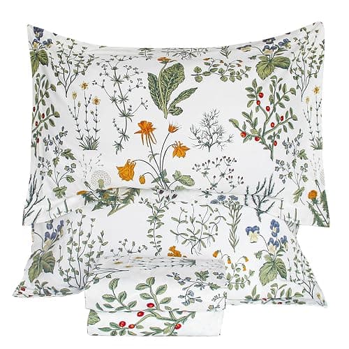 QSH 100% Cotton Sheets for King Size Bed, Yellow Flowers Plant Pattern Botanical Luxury Cotton Printed Floral Bedding King Size Sheet with Deep Pockets 17" Soft and Breathable 4pcs - Image 1