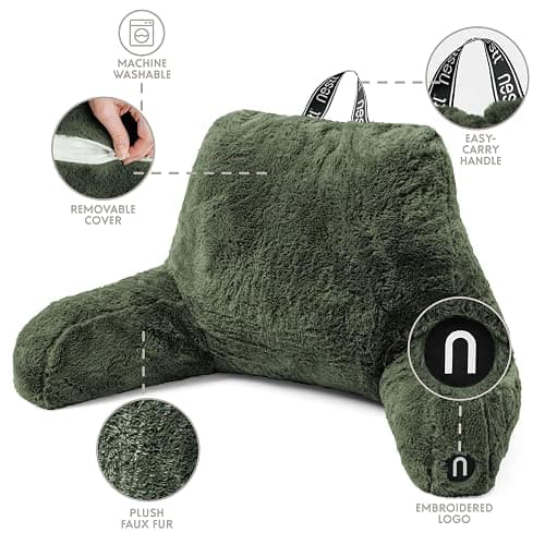 Nestl Fur Reading Pillow, Stylish Back Pillow for Bed Sitting Up, Faux Fur Bed Chair Pillow with Arms, Reading Pillows for Sitting in Bed Adult & Kids, Back Support Pillow for Bed Rest - Olive Green - Standard - Olive Green thumbnail 4