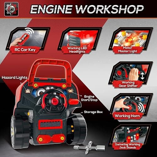 Qaba Truck Engine Toy, Kids Mechanic Set with Lights, Sounds, Steering Wheel and Horn, Pretend Car Service Station Play with 61-Piece Included, Toy Engine Building Kit for Kids Aged 3+, Red thumbnail 5