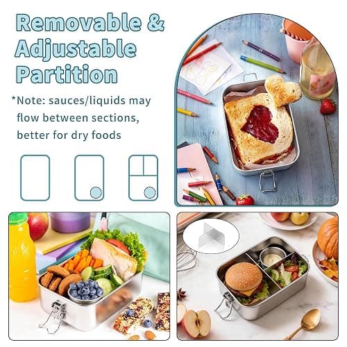 TeamFar Stainless Steel Bento Box, 47oz/1400ml Metal Lunch Box with Condiment Container for Adults/Kids, 3 Compartment Food Storage Container for School/Work, Leak-Proof & Dishwasher Safe, Blue thumbnail 4