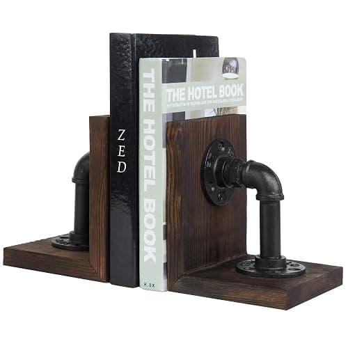 MyGift Book Ends Decorative, Bookends for Shelves, Metal Bookends for Heavy Books, Office Decor for Men, Wood Book Stopper, Realistic Industrial Pipe Design, Dark Brown - Image 1