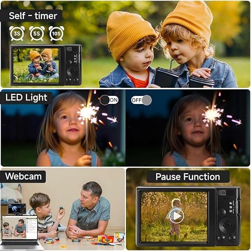 Digital Camera 4K, Upgrade Black Cameras for Teens, Autofocus Digital Point and Shoot Camera for Kids with 16X Zoom, 64GB SD Card, Compact Small Camera for Boys Girls Teens Kids Gift thumbnail 4