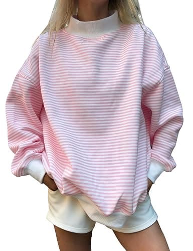 DURUNUL Women Oversized Mockneck Sweatshirt Striped Mock Neck Long Sleeve Pullover Shirt Fall Winter Lounge Tops - Image 1
