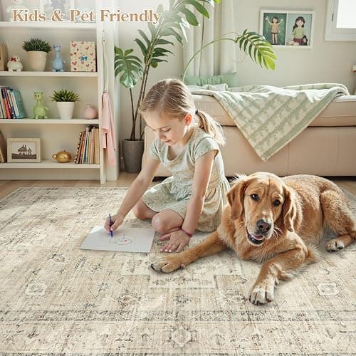LIVEBOX Bedroom 4x6 Washable Area Rug for Entryway Kitchen, Non-Slip Soft Boho Rugs for Dining Room Office, Farmhouse Low-Pile Neutral Soft Carpet for Nursery Room Playroom, Tan thumbnail 4