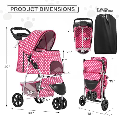MoNiBloom 3 Wheels Pet Dog Cat Stroller for Small Medium Dogs Cats, Foldable Jogger Stroller w/Storage Basket and Cup Holder, Hot Pink Polka Dots thumbnail 2