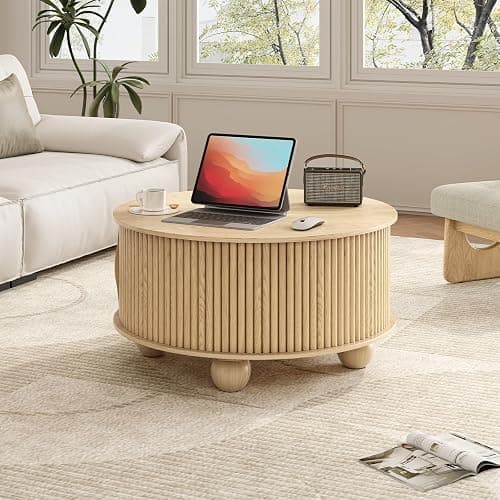 Vanvuson Round Coffee Table with Storage, 31.5" Mid Century Modern Coffee Table with Sliding Door & Bun Feet, Minimalist Fluted Center Table for Living Room, Home Small Space, Oak thumbnail 7
