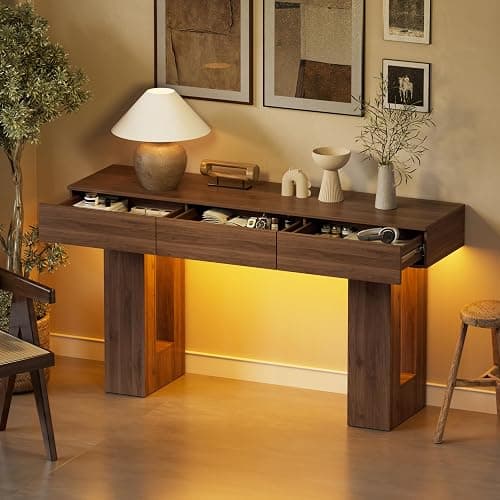 PAKASEPT 63-Inch Long Console Table with Colorful LED Lights and 3 Drawers, Wooden Rectangular Sofa Table Behind The Couch, Farmhouse Entryway Table for Entrance, Hallway, Living Room - Image 1